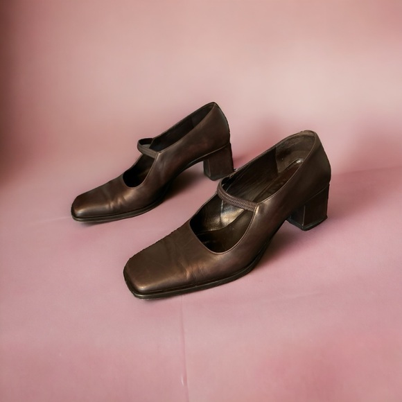 VIA SPIGA Classic Italian Calfskin Brown Mary Janes Block Heel Square Toe Sz 7.5 - Picture 2 of 6